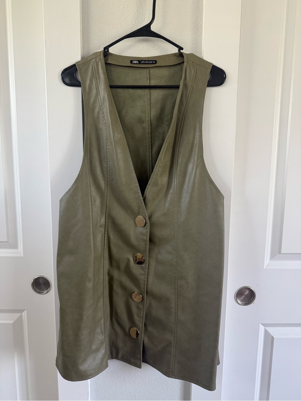 Zara Olive Green Faux Leather Button-Front Vest